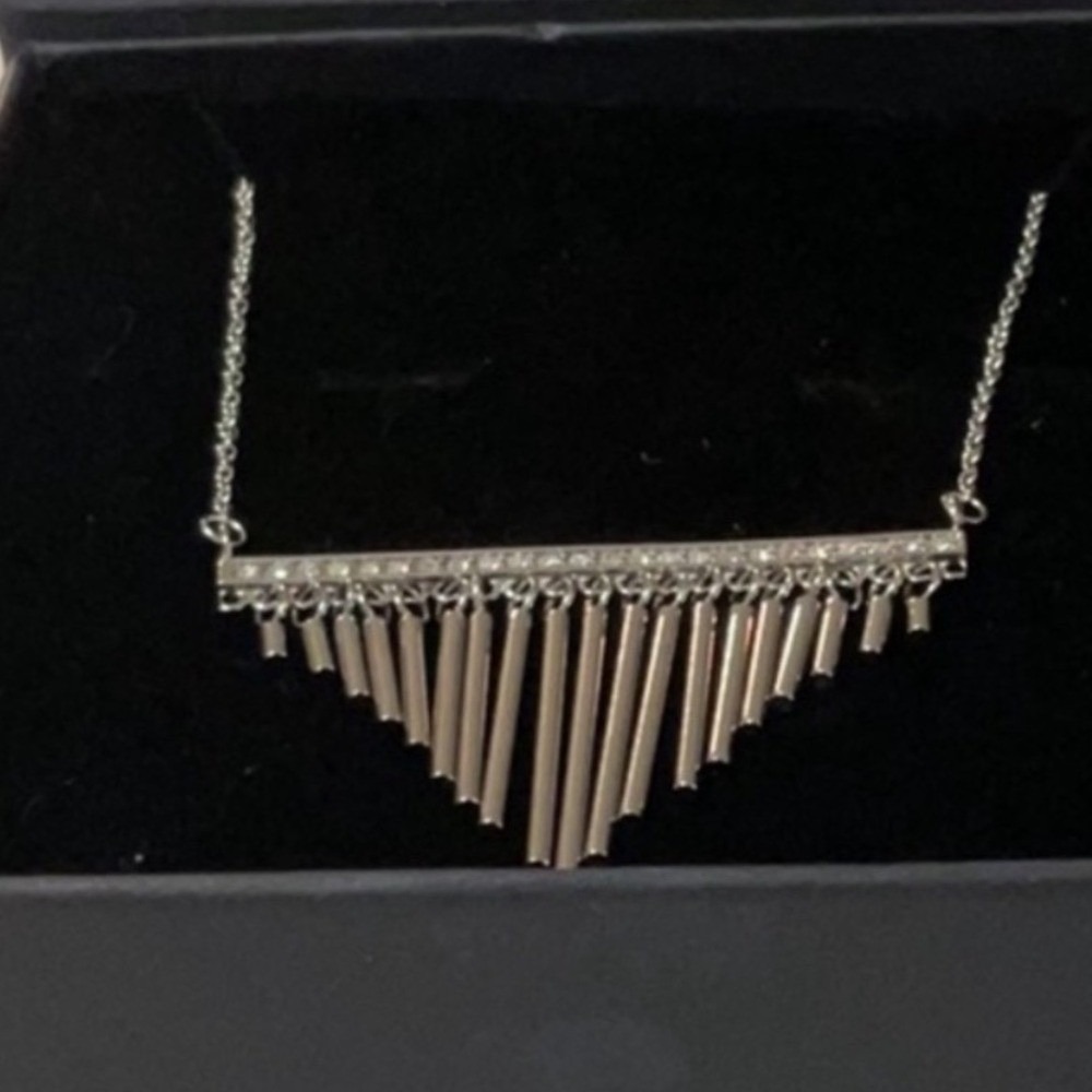 QVC Silver Stainless Steel Fringe Dangle Necklace Crystal Accent Bar Jewelry